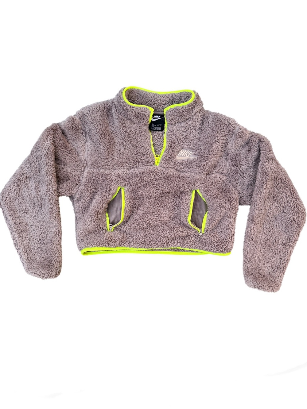 Nike Sportswear Sherpa Fleece 1/4 Zip Cropped Pullover Grey Volt XS Womens Teddy